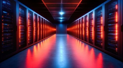 An impressive view of a high-tech server room filled with rows of servers emitting blue and red lights, symbolizing the fusion of technology and innovation in modern computing.