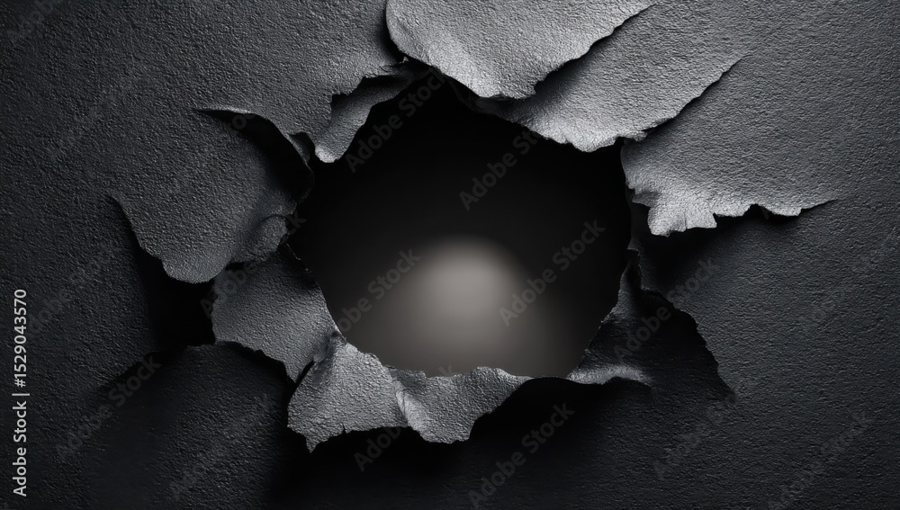 Poster ripped metal sheet with hole, representing breakthrough and innovation, suitable for technology or s