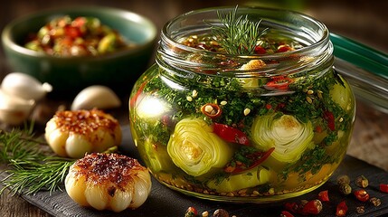 Marinated young garlic with chili slices and fresh herbs in glass jar with green lid on rustic wooden surface surrounded by grilled garlic and spice mix