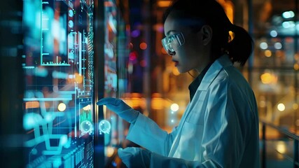 Focused scientist high tech laboratory wearing protective glasses and gloves interacts with futuristic digital interface technology for advanced - Powered by Adobe