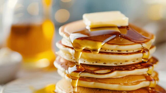 Stack of golden pancakes with melting butter and sweet syrup dripping down, creating warm and delicious breakfast food stack