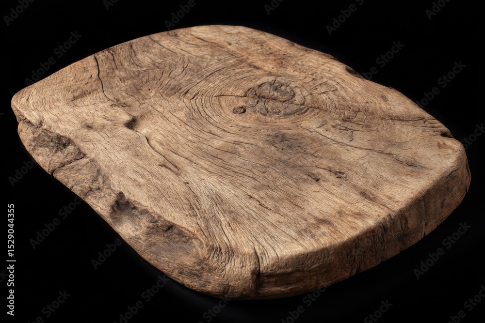 Poster rustic wooden slab on black backdrop, showcasing natural texture for product mockups and sustainable