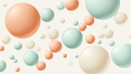 Soft peach and mint droplets are scattered across a clean white background, creating a delicate pattern.