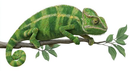 Naklejka premium Green Chameleon Resting on a Branch With Leaves, Symbolizing Adaptation and Environmental Awareness in Nature Conservation Imagery : Generative AI