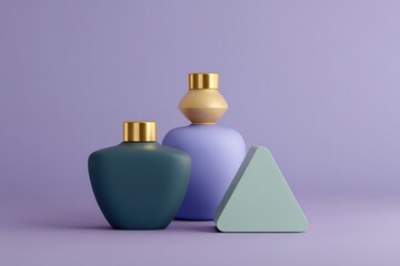 Liquid shapes in square and triangular forms, dark teal and gold, form a minimal pattern on a lavender backdrop.