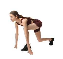 Runner in starting position on white background