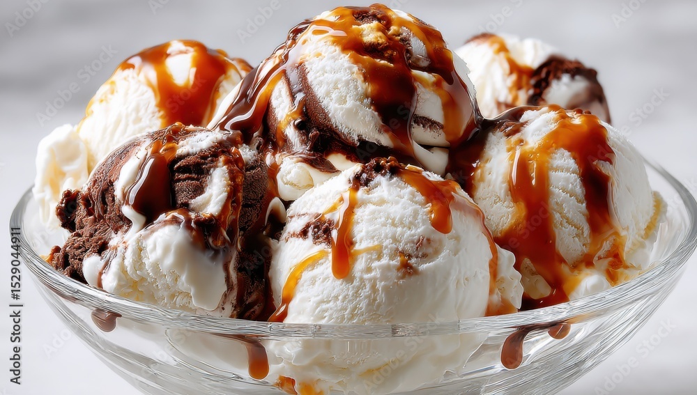Poster vanilla ice cream scoops drizzled with chocolate and caramel in glass bowl, representing indulgence 