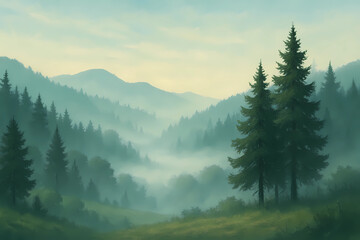 Fototapeta premium Misty Morning in Pine Forest Mountains – Tranquil Nature Landscape
