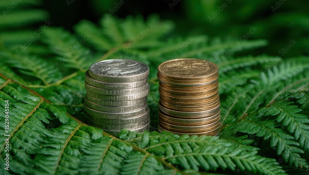 Aufkleber stacks of silver and gold coins on fern leaves, symbolizing sustainable finance and green investment