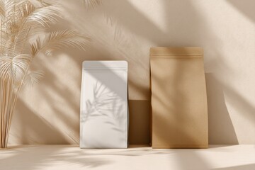 Two Product Packaging Mockups with Palm Fronds in Neutral Tones, Ideal for Branding and Sustainable Packaging Solutions : Generative AI