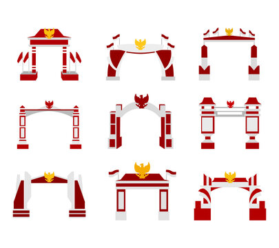 A festive set of Indonesia Independence Day gate (gapura) decoration illustrations, featuring traditional red and white themes, Ideal for national events, cultural displays, and patriotic designs.