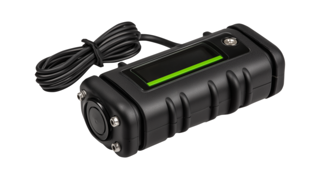 Rugged black portable charger with LED indicator and cable for outdoor use