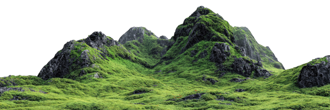 Lush green hills with dark rock formations