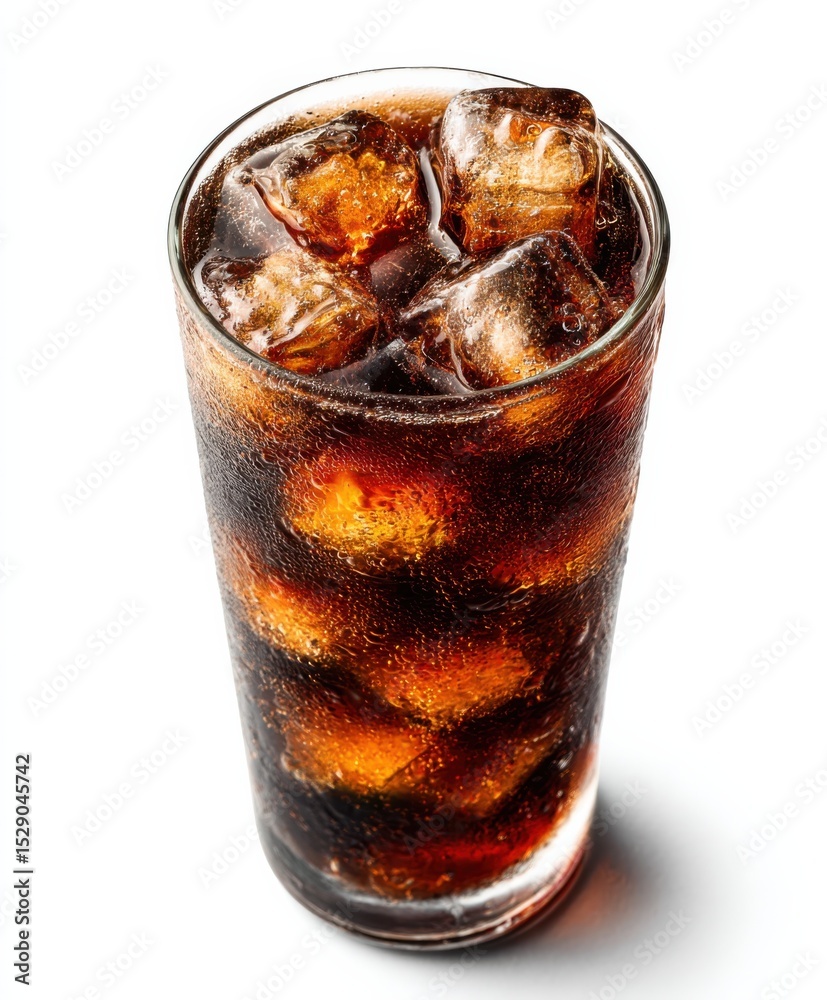 Poster refreshing cola drink with ice cubes on white background, representing summer hydration and restaura