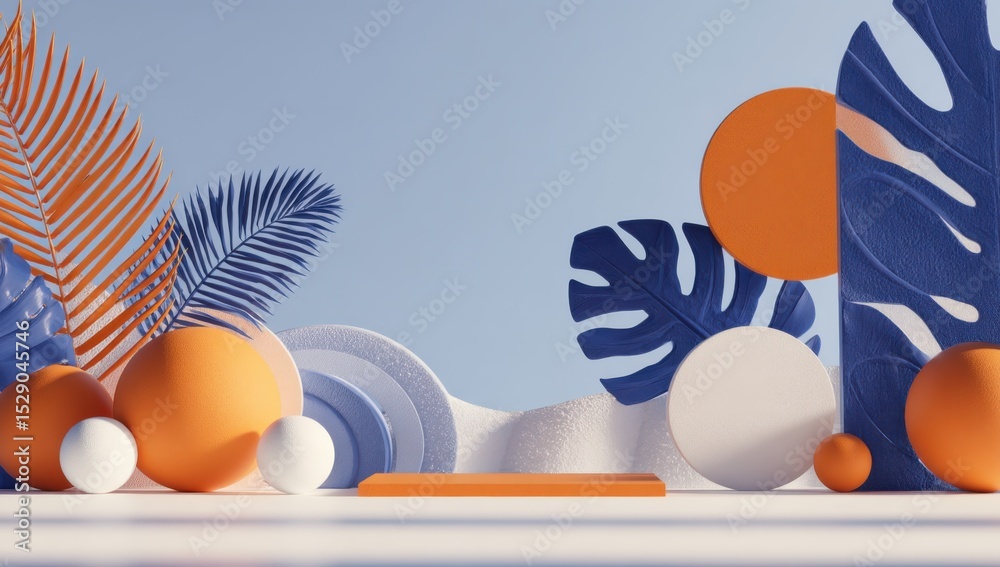 Poster abstract tropical scene with palm leaves and geometric shapes for product mockups and creative promo