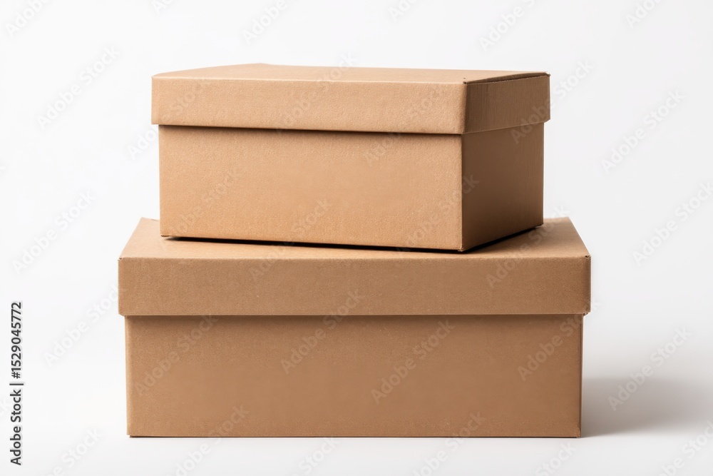 Poster stacked cardboard boxes on white background, symbolizing organization and logistics for e-commerce p