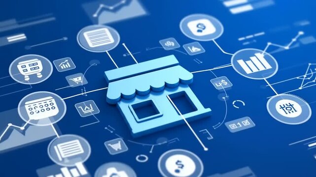 Digital representation of a storefront surrounded by analytics and financial data on a blue background - Powered by Adobe