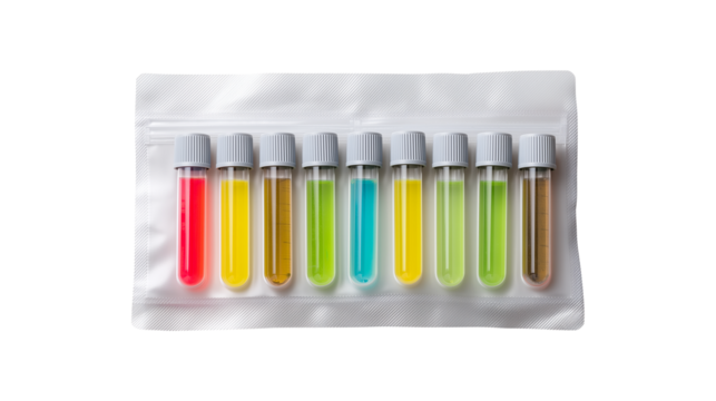 Colorful laboratory test tubes with various chemical samples for scientific research