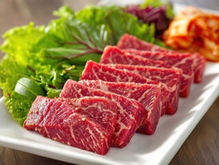 Close-Up of Marinated Korean BBQ Beef on a Plate With Lettuce and Kimchi, Showcasing Culinary Excellence and Food Photography : Generative AI