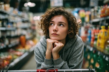Woman Leaning On Shopping Cart in Supermarket Aisle, Representing Consumer Behavior and Retail Therapy, Lost in Thought : Generative AI