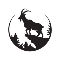 Majestic Mountain Goat Silhouette Emblem Design within a Circular Forest and Alpine Landscape