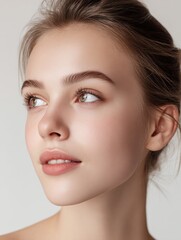 Fototapeta premium Young Woman With Clear Skin Looking Away, Ideal For Beauty Product Marketing And Skincare Advertising Campaigns : Generative AI