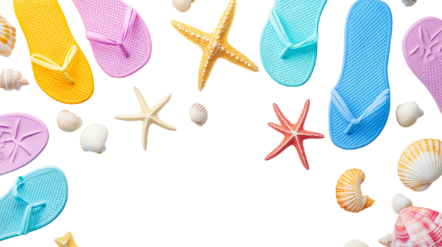 Flat lay of colorful beach flip-flops with starfish and shells, arranged on clean white background, hyper-detailed, PNG