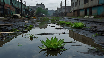 A detailed, high-resolution image depicting a dirty, gloomy slum-like garbage dump filled with plastic waste, rotten debris, and overgrown green plants. The polluted environment is surrounded by old, 
