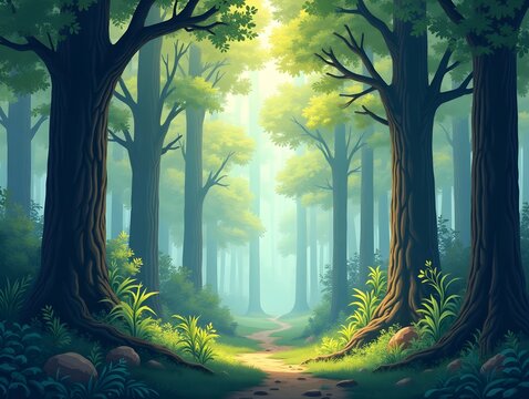 An illustration of a forest with trees and plants