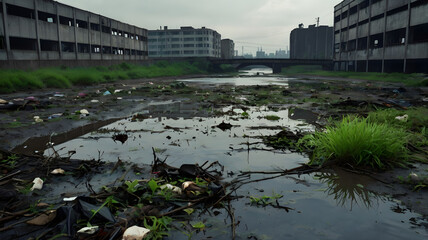 A detailed, high-resolution image depicting a dirty, gloomy slum-like garbage dump filled with plastic waste, rotten debris, and overgrown green plants. The polluted environment is surrounded by old, 