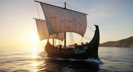 A weathered Phoenician trade ship sailing across a bright Mediterranean sunrise