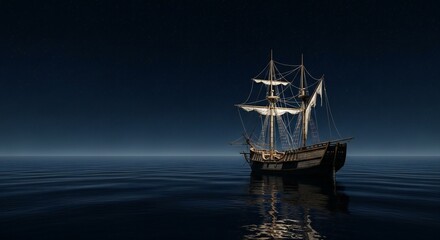 Fototapeta premium A lone ancient sailboat adrift in a calm sea under a starlit sky 