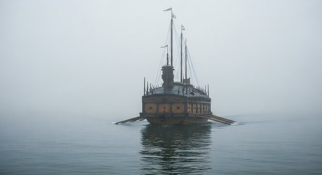 A Korean geobukseon (turtle ship) launching into a foggy bay