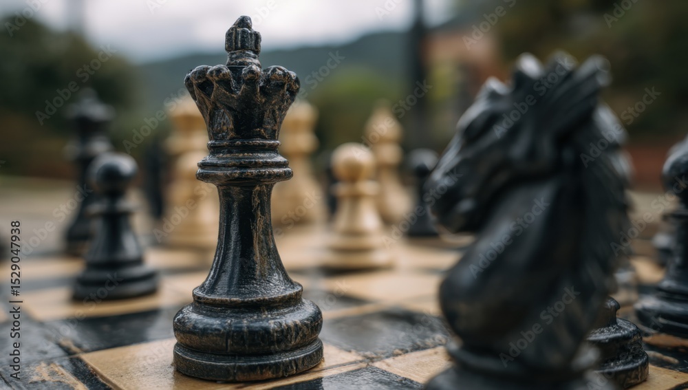 Poster chess pieces on a board in a strategic game, symbolizing business strategy and intellectual challeng