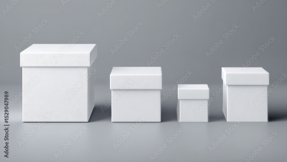 Poster four white boxes of various sizes on gray backdrop, ideal for product presentation and packaging moc