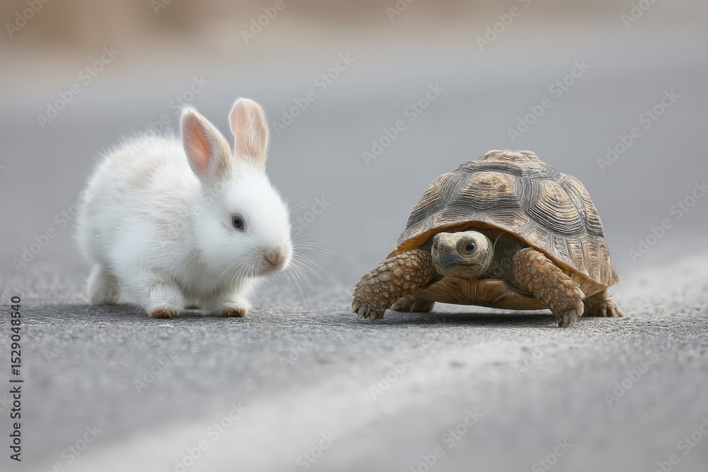 Poster white rabbit and tortoise face off on asphalt, symbolizing competition and perseverance in business 