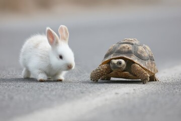 White Rabbit and Tortoise Face Off on Asphalt, Symbolizing Competition and Perseverance in Business Strategy and Personal Growth : Generative AI