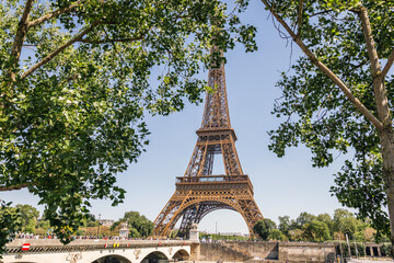 Eiffel Tower Framed by Green Leaves and Trees with Pont d'Iéna Bridge, Paris