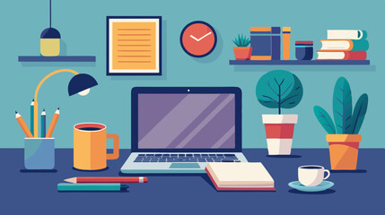 Cozy Home Office Workspace with Laptop, Coffee, and Plants &ndash; Flat Vector Illustration