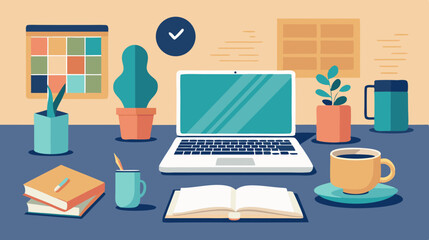 Cozy Home Office Workspace with Laptop, Coffee, and Plants &ndash; Flat Vector Illustration