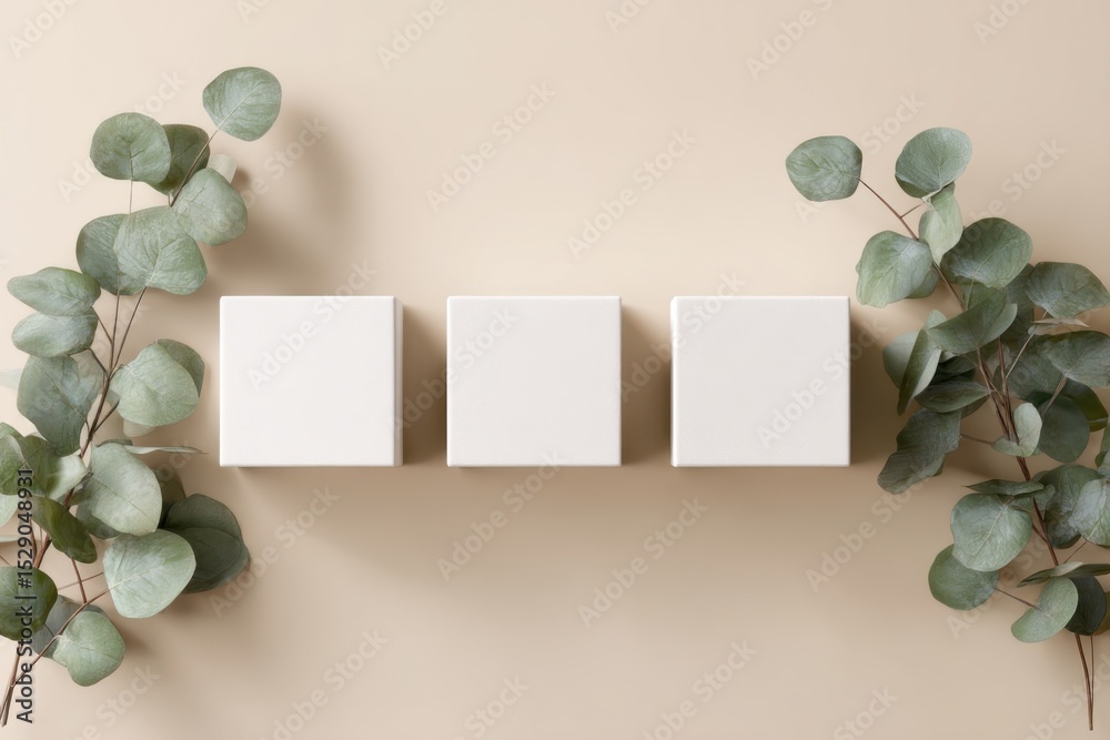 Poster Three White Square Blocks With Eucalyptus Branches, Displaying Minimalist Style and Promoting Product Placement : Generative AI