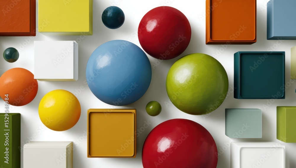 Aufkleber colorful spheres and cubes arranged on white surface, symbolizing creativity and geometric harmony i