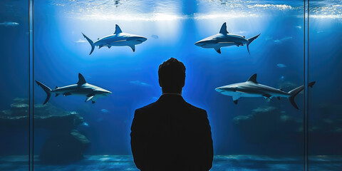 Man suit stands before large aquarium glass, observing four sharks swimming deep blue water, evoking awe and contemplation