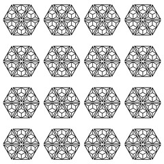Modern and abstract seamless pattern featuring geometric hexagons filled with 3D cubes. Suitable for backgrounds, packaging, textiles, fabrics and design elements.