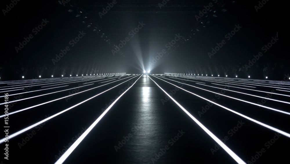 Poster illuminated runway at fashion show with bright lights, representing future trends and creative expre