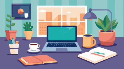 Cozy Home Office Workspace with Laptop, Coffee, and Plants &ndash; Flat Vector Illustration