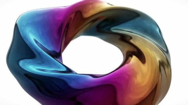 Rotating iridescent toroidal sculpture with shifting reflections, macro abstract