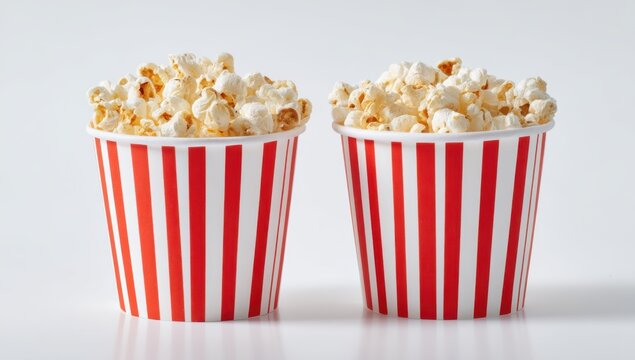 Two Buckets of Popcorn With Red and White Stripes, Representing Movie Night and Entertainment Industry : Generative AI - Powered by Adobe