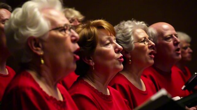 Group of elderly women and men church choir singing in cathedral are all wearing red shirts and are sitting in a row