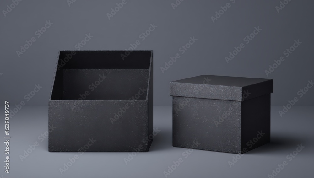 Poster two black textured boxes on gray background, representing minimalist packaging and product presentat